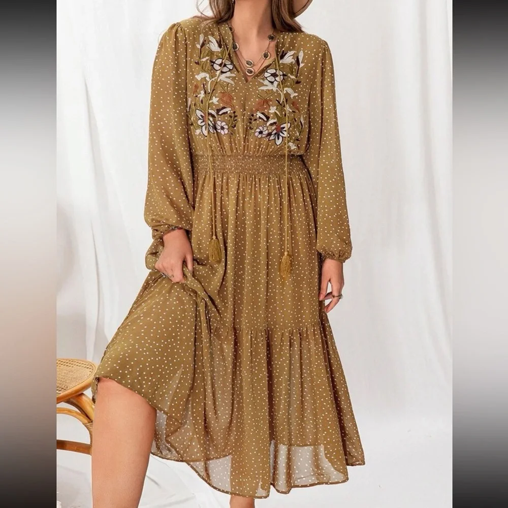 Boho Plus Size Embroidery Ruffle Hem Dress Without Belt Yellow Mustard - Picture 5 of 5